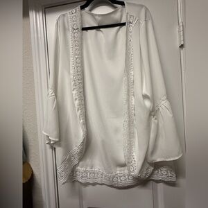 White Lace Trim Kimono Cardigan Bell Sleeve Boho Top XXL